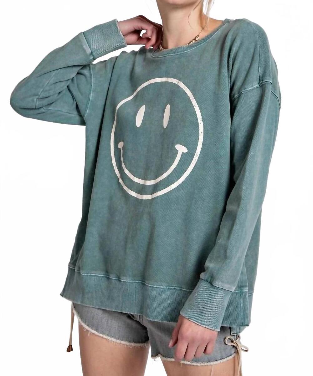 NEW EASEL mineral wash smiley happy face pullover - curvy in teal